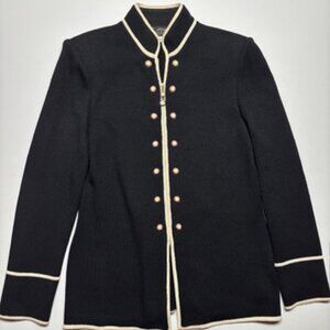 St. John Collection Black Santana Knit Jacket Size 4 | Ivory Trim & Gold Buttons